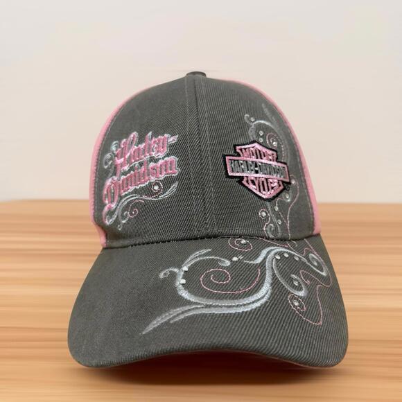 Retro Harley-Davidson Pink Gray Embroidered Adjustable Baseball Cap Women’s - Picture 2 of 8